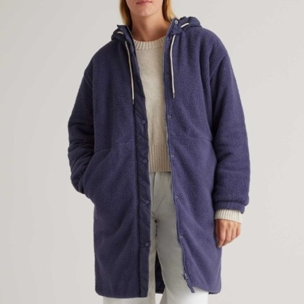 Quince NWT Women's Large Navy Long Hooded Sherpa Snap Button Front Jacket Fall